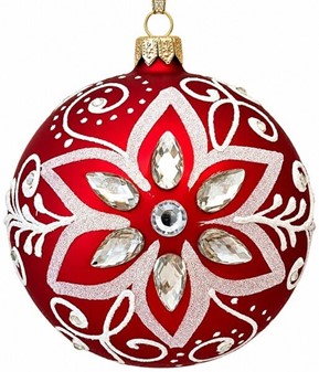 Juledekorationer i glas. Polsk rød julekugle med krystaller og glitter