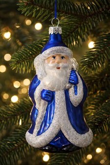 Julepynt online shop. Polsk glas figur af julemand i blå pels. H 11 cm