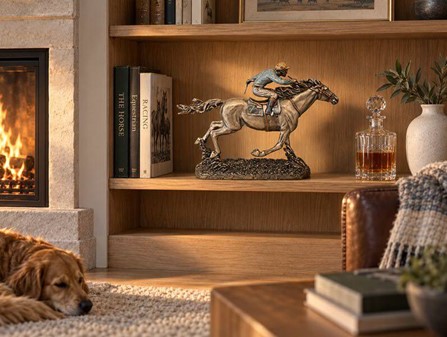 HESTEFIGUR. Imporedende bronzefigur Jockey på hest. Gave til rytter