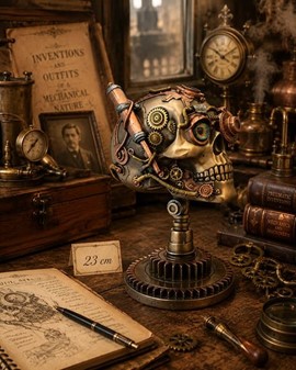FIGURER STEAMPUNK. Unik bronzefigur af kranium på kædehjul stativ