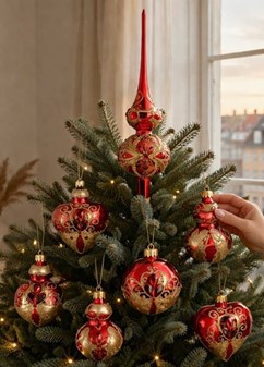Fang julens lys: Rød-guld glas julekugler med Swarovski krystaller