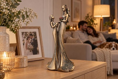 BRYLLUPSFIGUR. Smuk bryllupsgave, bronzefigur Bruden med brudepige