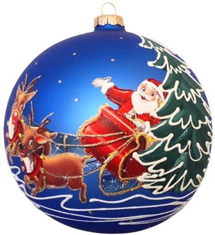 Polsk stor julekugle i kongeblå mat med julemanden og kane. Ø 15 cm