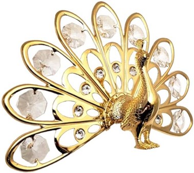 FØDSELSDAGSGAVE HENDE. Påfugl, forgyldt figur med Swarovski krystaller