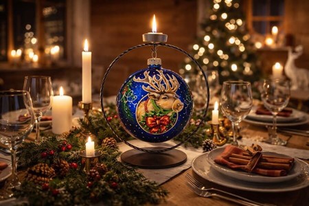 Fremstillet i Polen stor julekugle i blå med julemandens rensdyr,15 cm