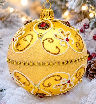 Exclusiv, rigt dekoreret guld julekugle med røde krystaller, Ø 10 cm