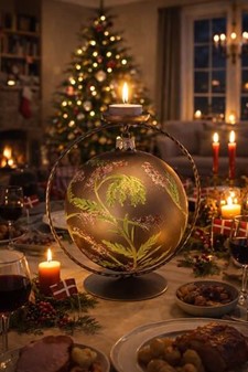 Glas julekugle stor, mat grå med en delikat plantedekoration. Ø 15 cm