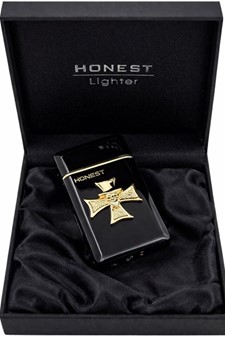 Sort Turbolighter med guldkors og kranium. Kvalitets gas lighter
