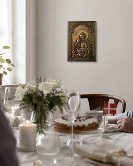 Den Hellige Familie Ikon. Bronze vægdekoration med religiøs betydning