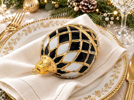 SORT JULEPYNT. Eksklusiv Fabergé-inspireret Julepynt i Håndmalet Glas