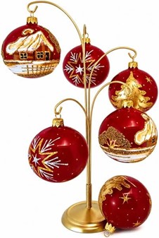 Julekugler i rødt porcelæn farve med gyldne julemotiver, Ø 8 cm 6 stk