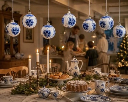 Juledekorationer i glas. Julekugler i porcelæn hvid med blå blomster