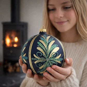 Julekugler store. Glas julepynt i mat marineblå med zirkoner. Ø 15 cm