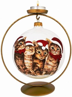 KATTE JULEPYNT. Stor julekugler i hvid med fire katte. Ø 15 cm