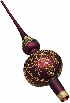 Topspir til juletræ. Spir glas i mat aubergine og gulddekoration. 35cm