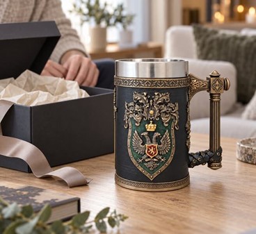 ØLKRUS MED HISTORIE. Meget dekorative krus i middelalderlig stil