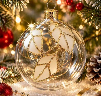 Juletræspynt. Gennemsigtig hvid julekugle med guld glitter blade