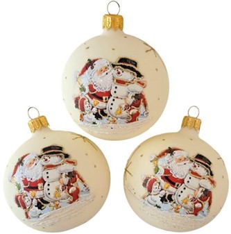 Glas julekugler fra Polen i hvid med flot julemotiv. Ø 8 cm, 6 stk