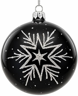 Sort glas julekugler fra Polen med sølve vintermotiver, Ø 10 cm 6 stk