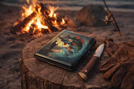 Cigaret etui Metal til Fisker. Gaveidé med detaljeret fiskerimotiv