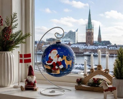 Stor julekugle i blå mat farve med julemand og en lille hjort. Ø 15 cm