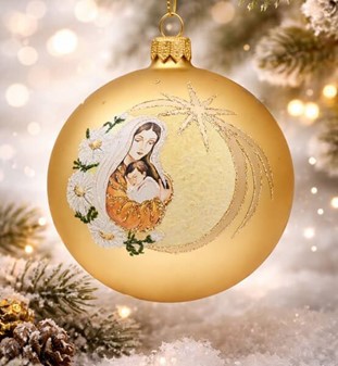 Eksklusiv Julekugle. Gør julen magisk med Maria og Jesus i guld. 10 cm