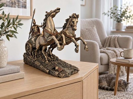 GAVEN TIL HAM PÅ 60. Smuk bronze figur af Achilleus i sin stridsvogn