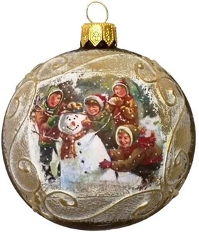 Polske matgrøn julekugler med børn og en snemand, Ø 8 cm, 6 stk i æske