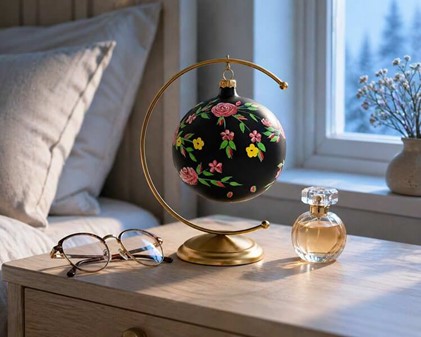 Polsk glas julekugle i sort mat med lyserød blomsterdekoration. 12 cm