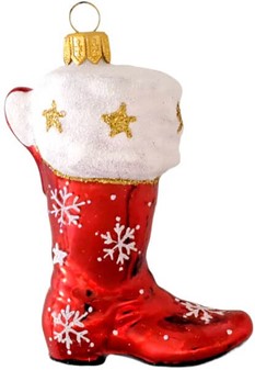 Julepynt figurer. Glasfigur af rød cowboystøvle på juletræet. H 10 cm