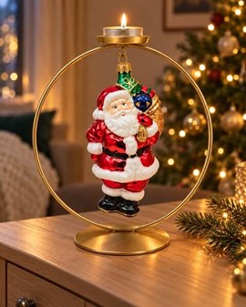 Juletræspynt figurer. Håndlavet glas julemanden med sæk fuld af gaver