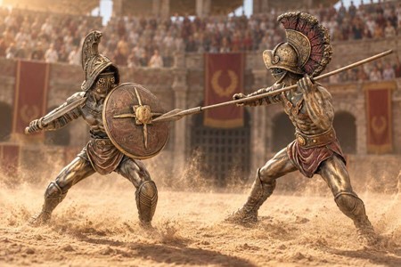GLADIATOR FIGUR. en slave i kamp med spyd i arenaen det gamle Rom