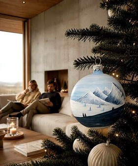 Eksklusiv julepynt. Blå juletræskugle med et vinterlandskab. Ø 10 cm