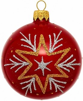 Julekugler i rødt porcelæn farve med gyldne julemotiver, Ø 8 cm 6 stk