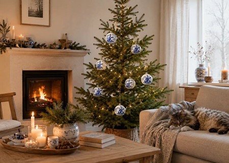 Billig julepynt. Julekugler i porcelæn hvid med hollandsk vindmølle