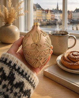 Guld glas æg med gule krystaller, pragtfuldt polsk julepynt. H: 13 cm