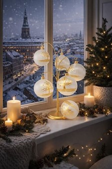 Gennemsigtig hvid glas julekugle matte med gyldent træ, Ø 8 cm 6 stk
