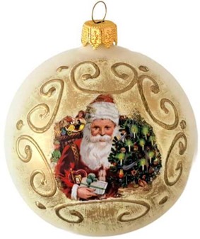 Nostalgisk julepynt: Hvide julekugler med julemand. Ø 8 cm, 6 stk