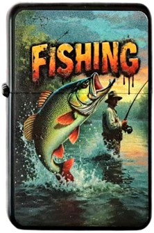 BENZIN LIGHTER. Benzindrevet billig lighter med cool fiskeprint