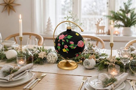 Polsk glas julekugle i sort mat med lyserød blomsterdekoration. 12 cm