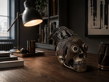 GODE GAVER. Flot Veronese figur af Steampunk kranie med læder hår