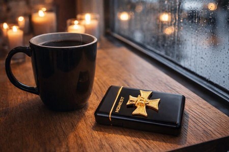 Sort Turbolighter med guldkors og kranium. Kvalitets gas lighter