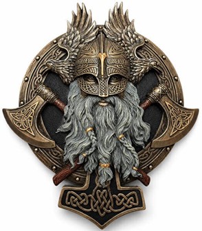 Vægdekoration - figur. Relief med viking bersærker hoved og økser