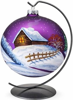 Violet stor julekugle mat med snemand og vinterlandskab. Ø 15 cm
