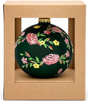 Håndmalede julekugle Polen i grøn mat med rosenrød dekoration. Ø 12 cm