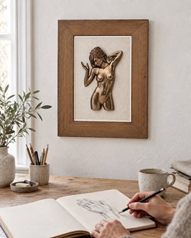 Unik vægdekoration i bronze. Sensuel skulptur i træramme til dit hjem
