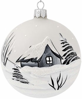 Julekugle glas i gennemsigtig mat hvid med en vinterlandskab. Ø 10 cm