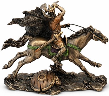 Viking på Hest i Kamp. Lille bronzefigur - en miniature saga
