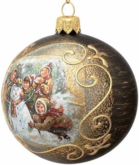 Nostalgiske matgrønne julekugler med børn og snemand. Ø 8 cm, 6 stk