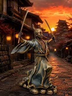 SAMURAI FIGUR. Bronze skulptur af japansk kriger med to sværd